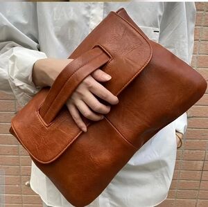 Large Brown Clutch Bag Vegan Leather Elegant Lightweight Evening Handbag Pockets